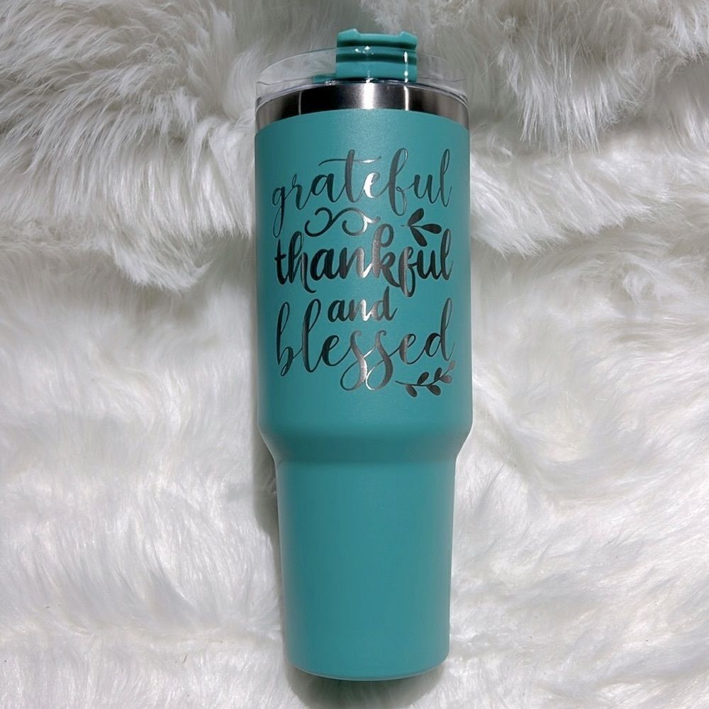 Thankful Grateful and‎ Blessed Tumbler 40oz Aqua Green with handle